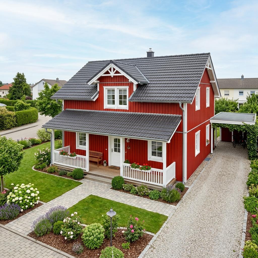 Zweeds huis Schwedenhaus Newport 134 van Greenville met aanslepend dakschild — prefab woning van 134 m²
