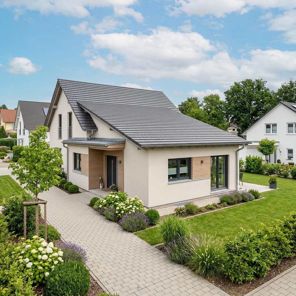 Aan- of opbouw Anbau Modul 58 van GUSSEK HAUS met aanslepend dakschild — prefab woning van 58 m²