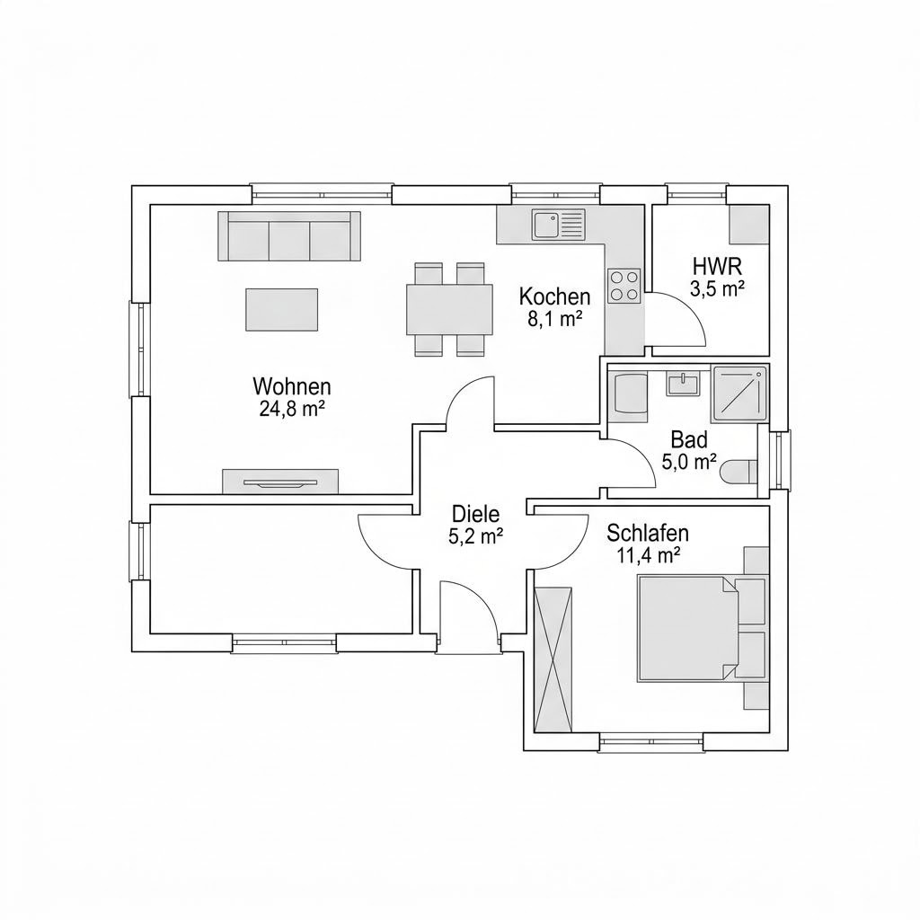 Plattegrond Anbau Modul 58 van GUSSEK HAUS — 58 m², 2 kamers