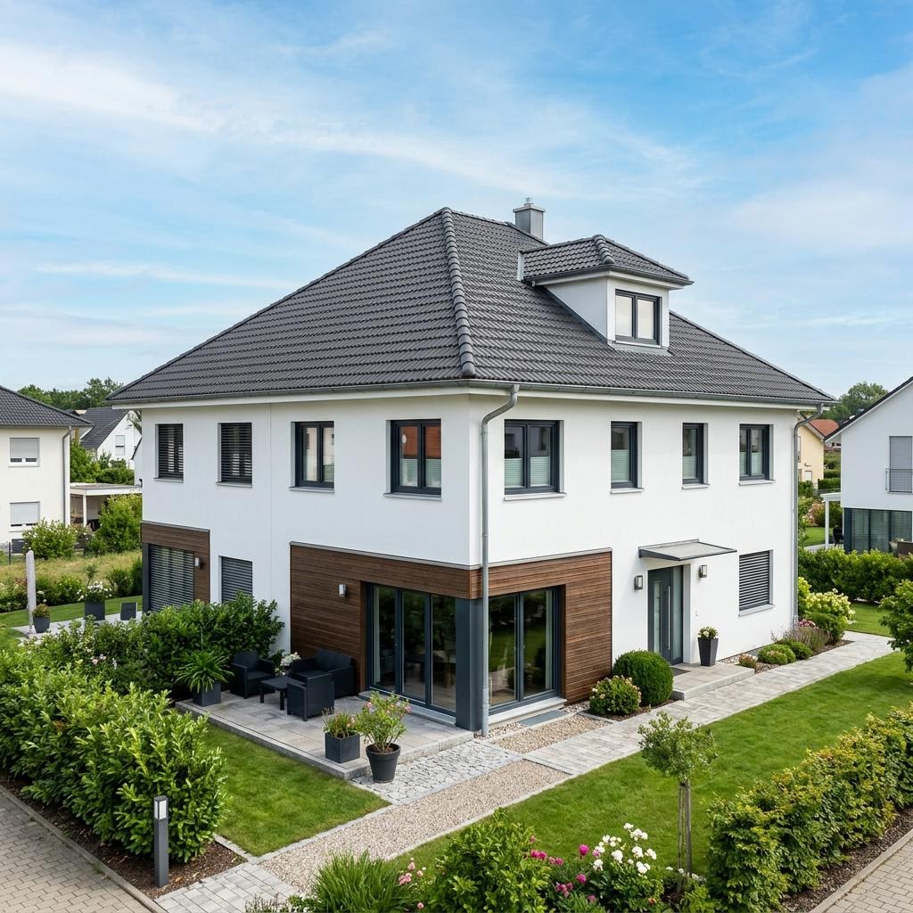 Twee-onder-een-kapwoning Doppelhaus Gemini 136 van GUSSEK HAUS met schilddak — prefab woning van 136 m²