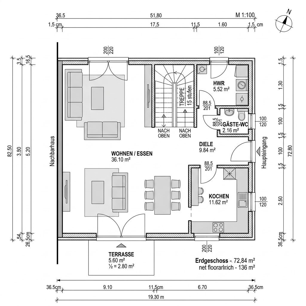 Plattegrond Doppelhaus Gemini 136 van GUSSEK HAUS — 136 m², 5 kamers