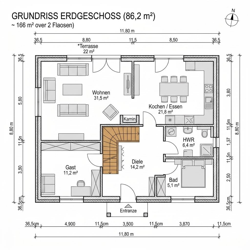 Plattegrond Landhaus Birkengrund 166 van GUSSEK HAUS — 166 m², 6 kamers