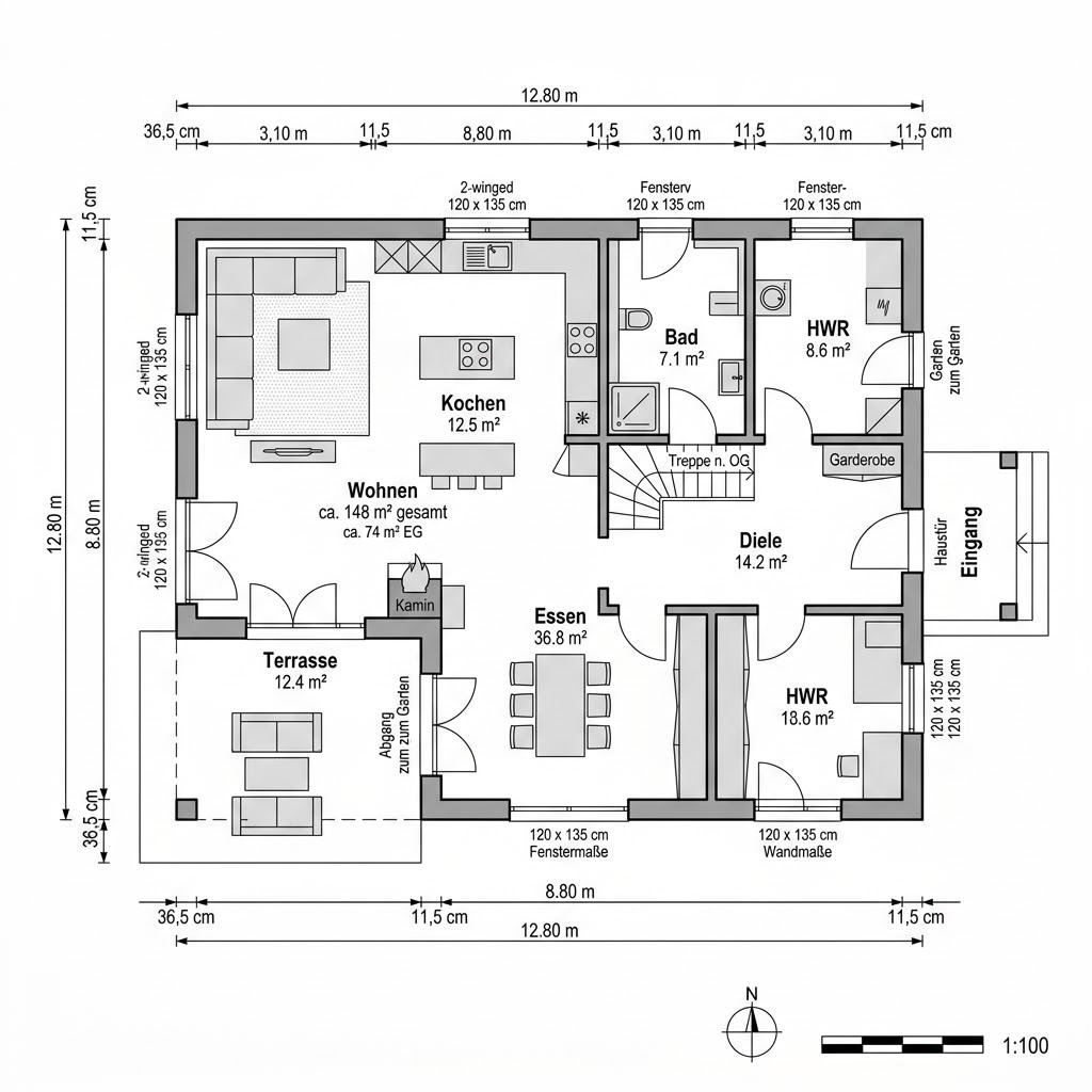 Plattegrond Landhaus Rosenhof 148 van GUSSEK HAUS — 148 m², 5 kamers