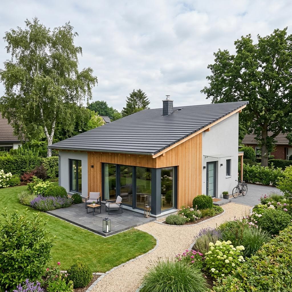 Compacte woning Mini 64 van Gussek Haus met lessenaarsdak — prefab woning van 64 m²