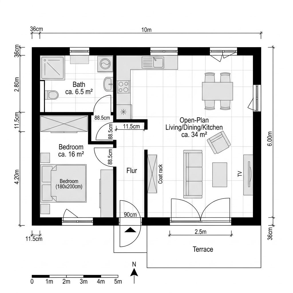 Plattegrond Mini 64 van Gussek Haus — 64 m², 2 kamers
