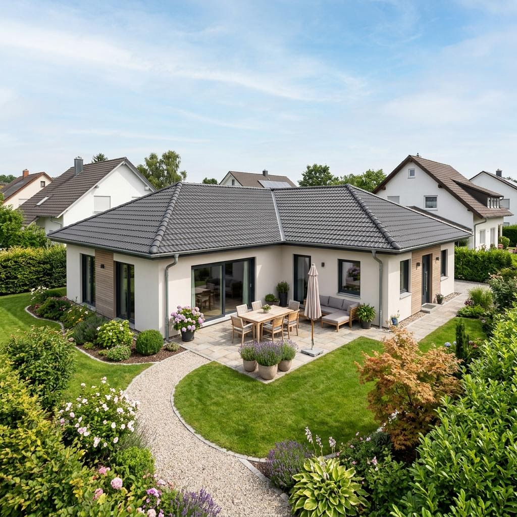 Bungalow Winkelbungalow Krüppel 124 van GUSSEK HAUS met wolfsdak — prefab woning van 124 m²