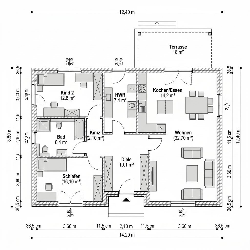 Plattegrond Winkelbungalow Krüppel 124 van GUSSEK HAUS — 124 m², 4 kamers