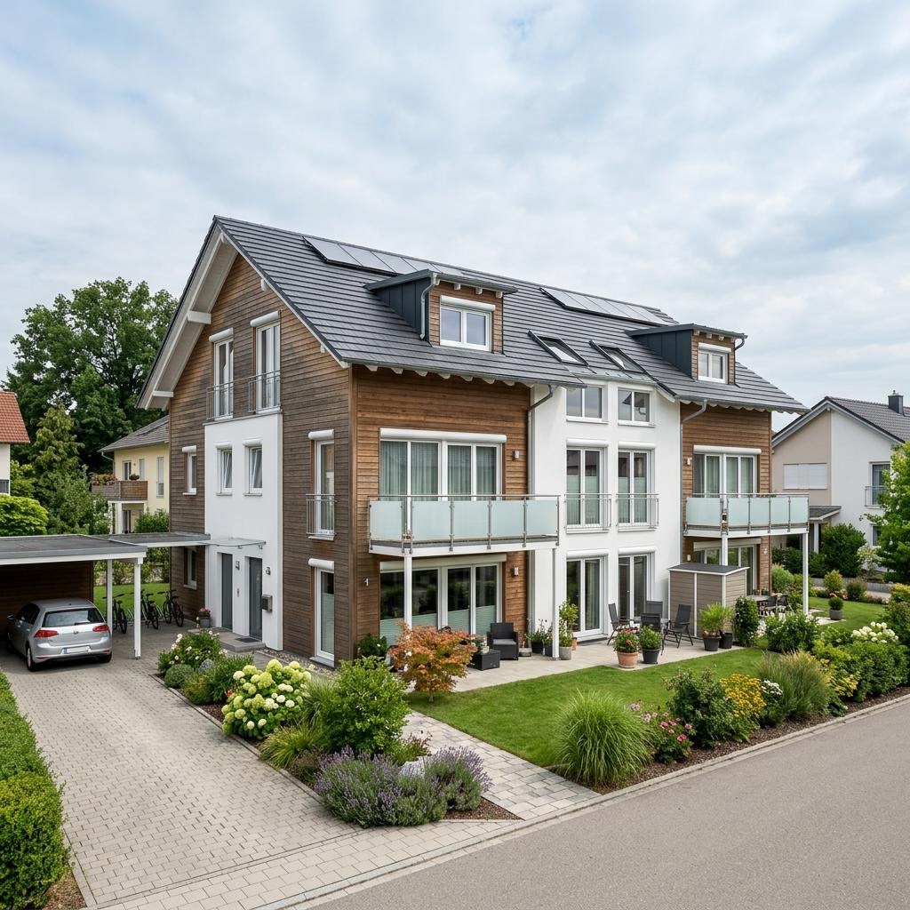 Meergezinswoning 3 Wohneinheiten Kompakt van Haas Fertigbau - Mehrfamilienhäuser met zadeldak — prefab woning van 300 m²
