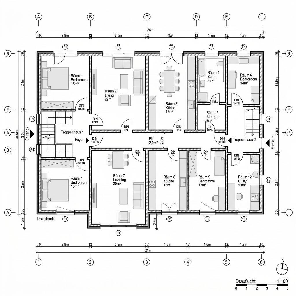 Plattegrond 3 Wohneinheiten Kompakt van Haas Fertigbau - Mehrfamilienhäuser — 300 m², 12 kamers