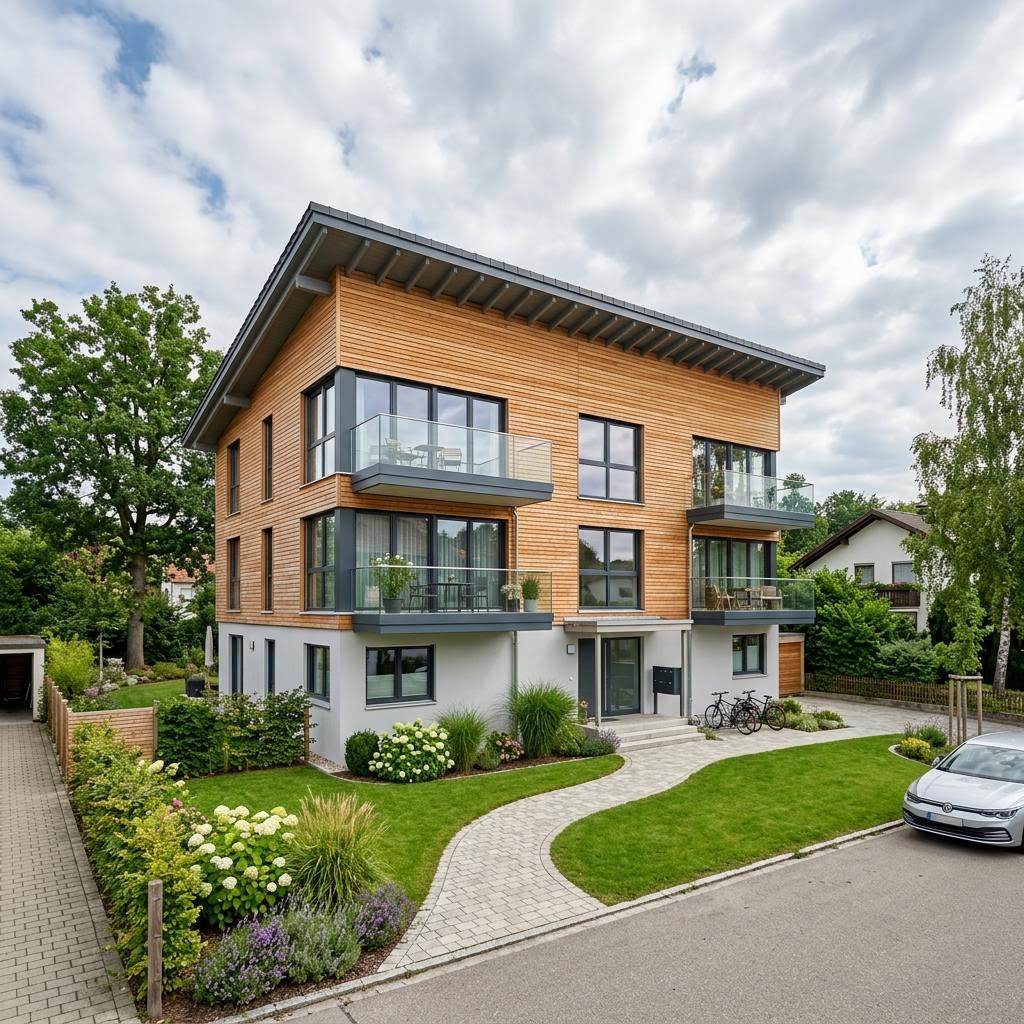 Meergezinswoning 4 Wohneinheiten Pultdach van Haas Fertigbau - Mehrfamilienhäuser met lessenaarsdak — prefab woning van 360 m²