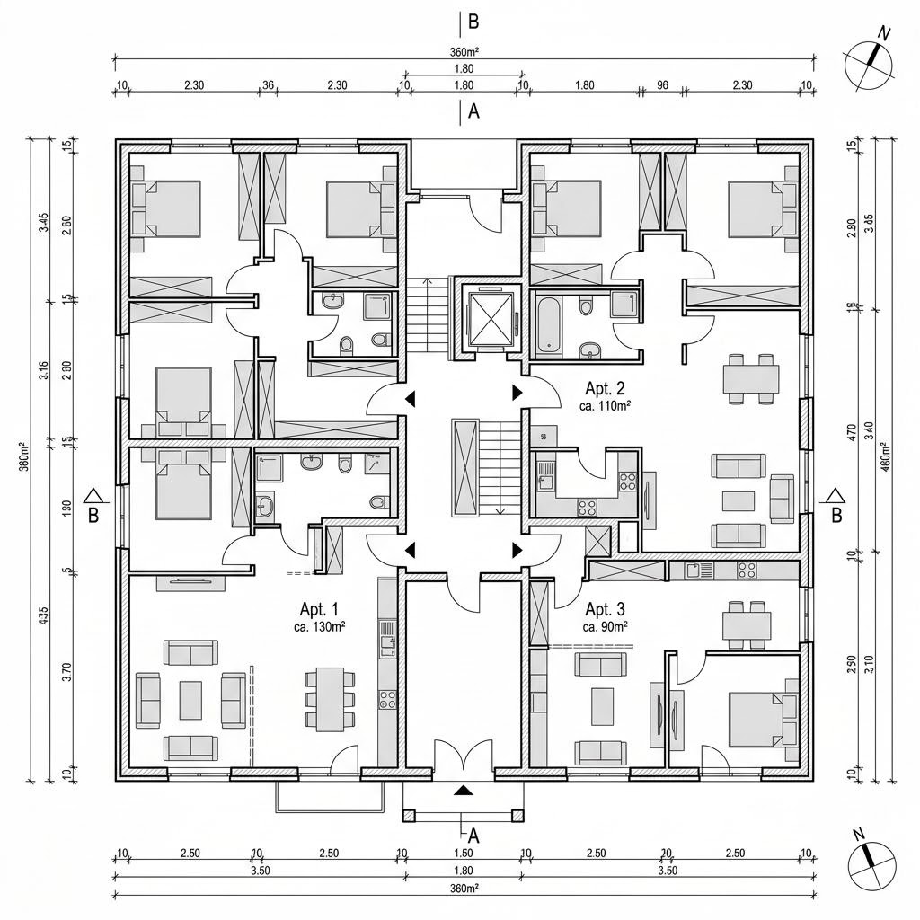 Plattegrond 4 Wohneinheiten Pultdach van Haas Fertigbau - Mehrfamilienhäuser — 360 m², 14 kamers