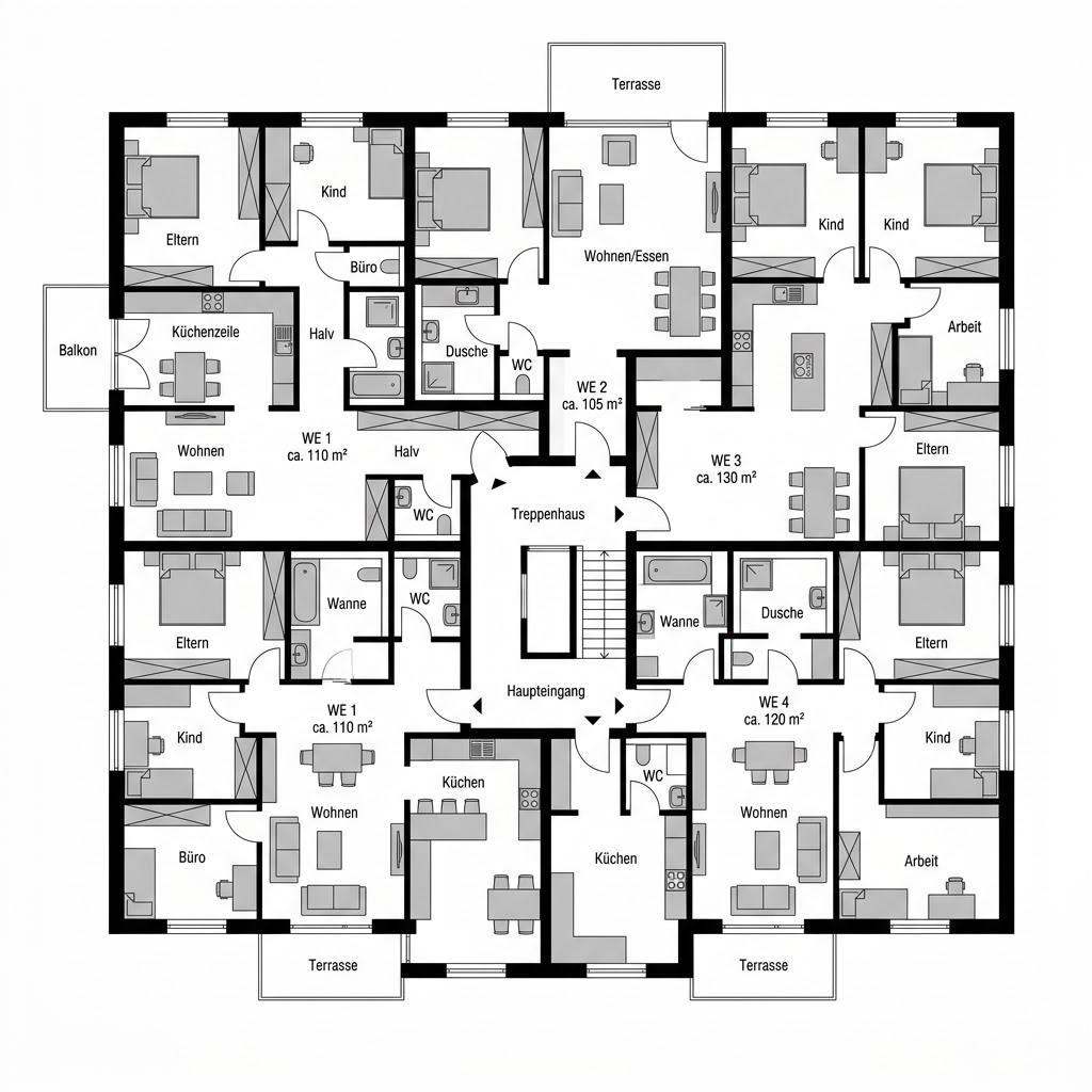 Plattegrond 6 Wohneinheiten Flachdach van Haas Fertigbau - Mehrfamilienhäuser — 520 m², 20 kamers
