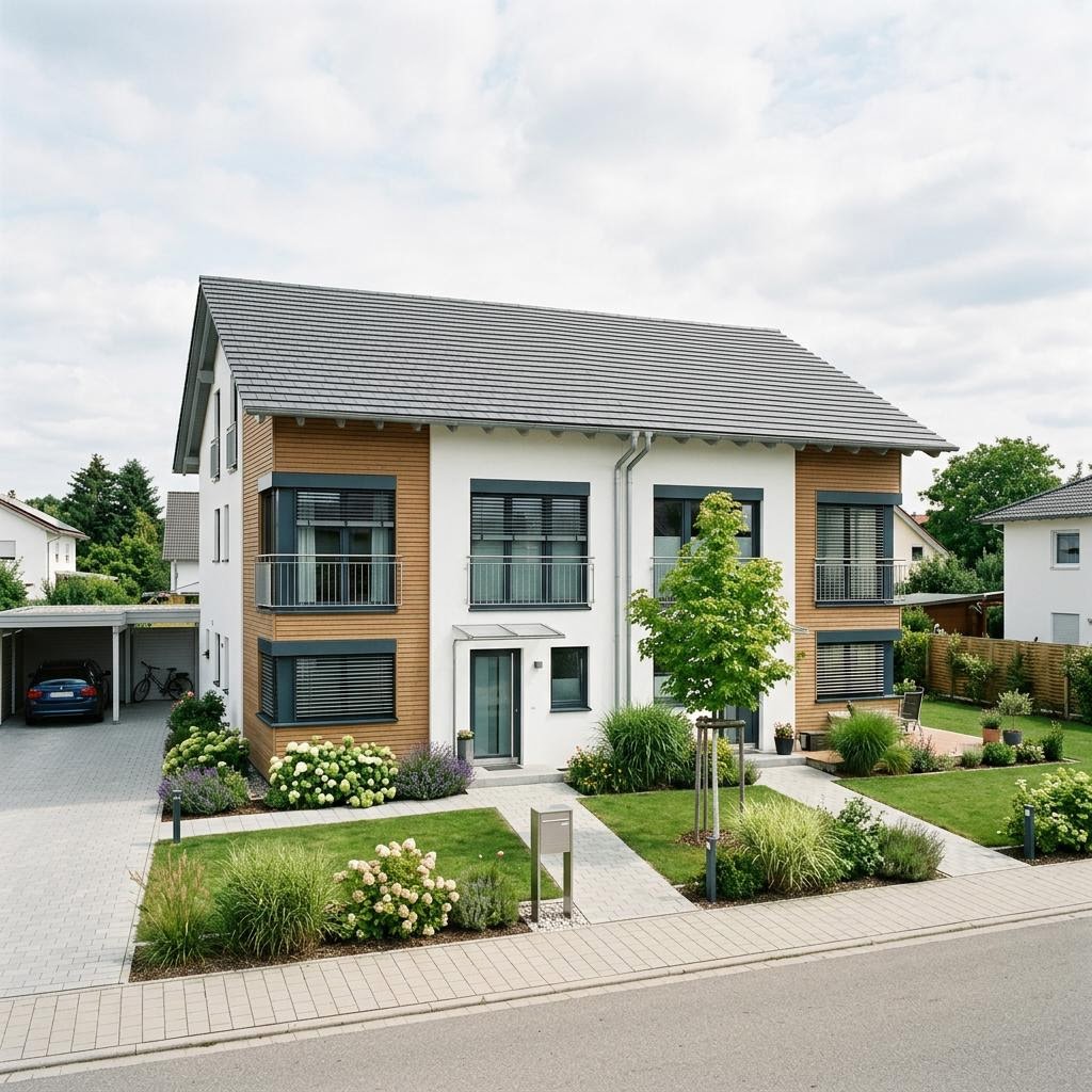 Meergezinswoning Mehrfamilien-Doppelhaus Vermietung van Haas Fertigbau - Mehrfamilienhäuser met zadeldak — prefab woning van 240 m²