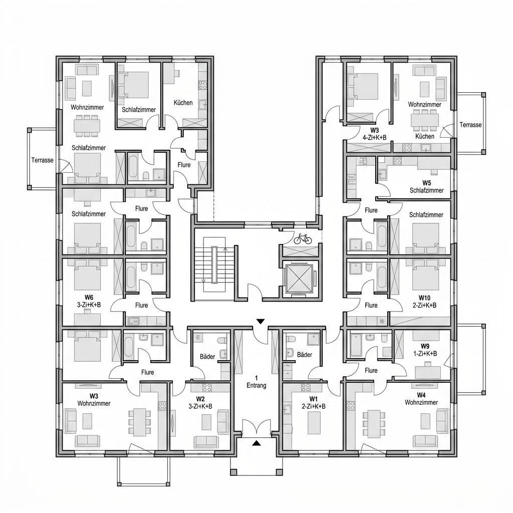 Plattegrond Stadthaus 8 Wohneinheiten van Haas Fertigbau - Mehrfamilienhäuser — 640 m², 24 kamers