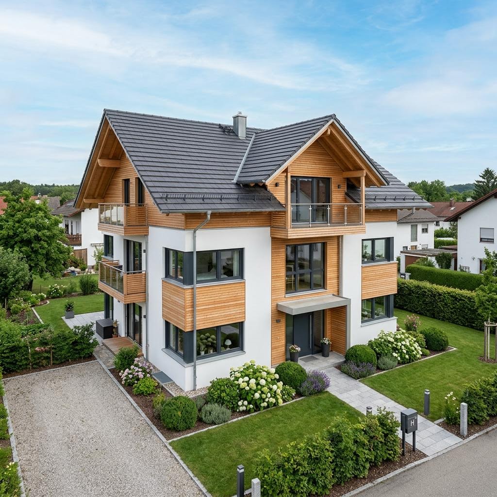 Meergeneratiewoning Mehrfamilienhaus Triplex 320 van Haas Fertigbau - Mehrfamilienhäuser met zadeldak — prefab woning van 320 m²