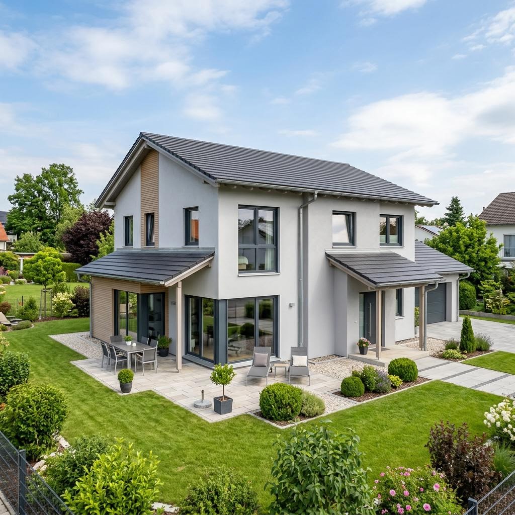Twee-onder-een-kapwoning Doppelhaus Atrio 132 van Haas Fertigbau met aanslepend dakschild — prefab woning van 132 m²