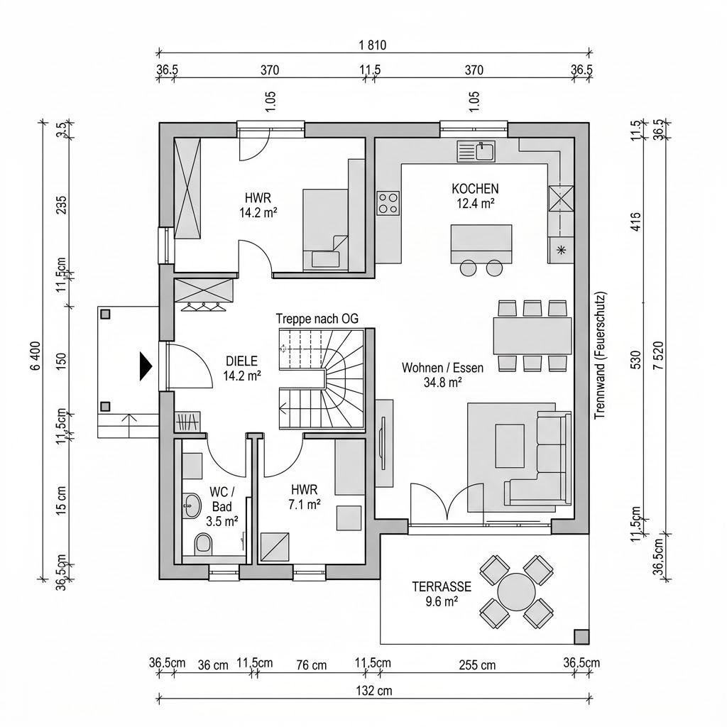 Plattegrond Doppelhaus Atrio 132 van Haas Fertigbau — 132 m², 5 kamers