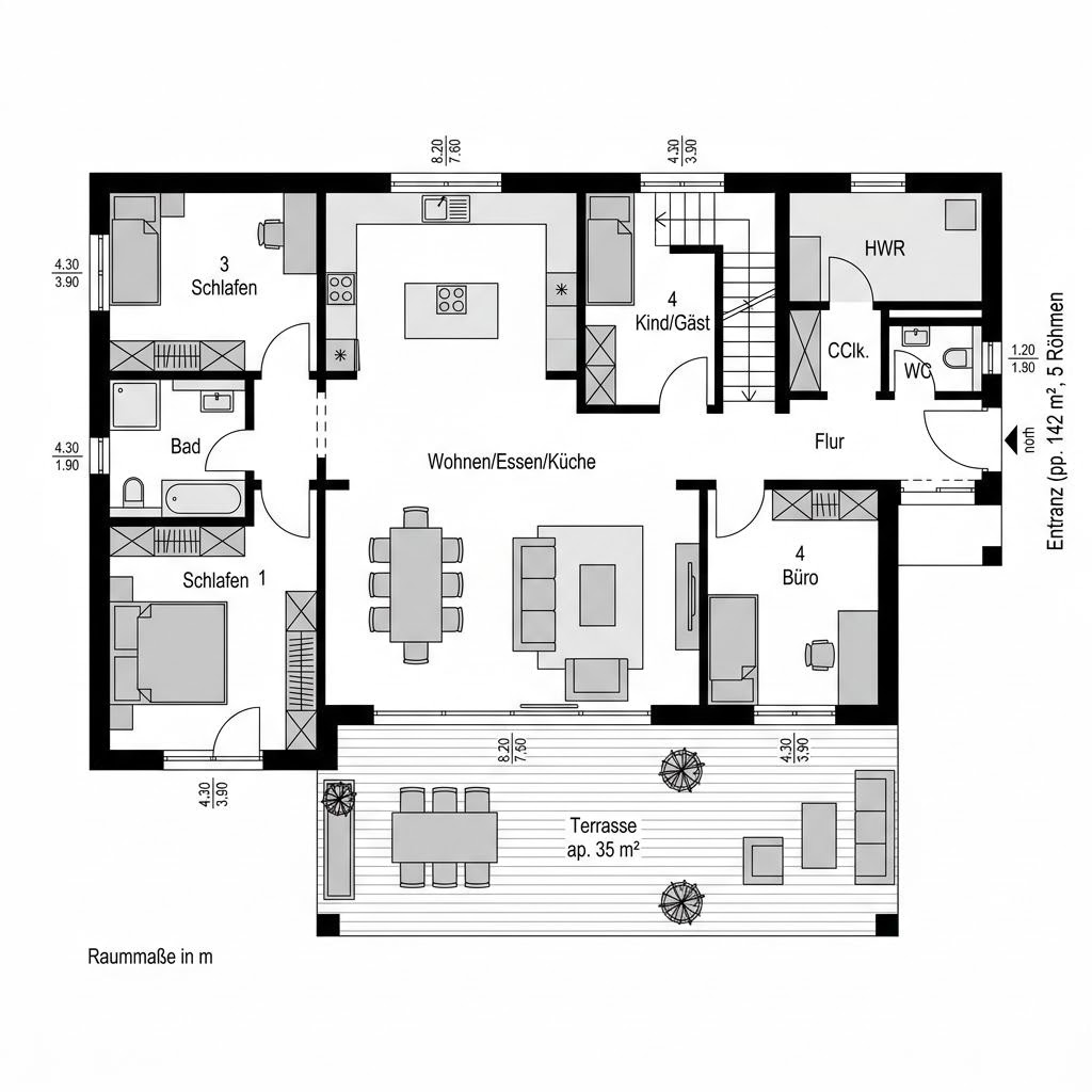 Plattegrond Cube 142 van Haas Haus — 142 m², 5 kamers