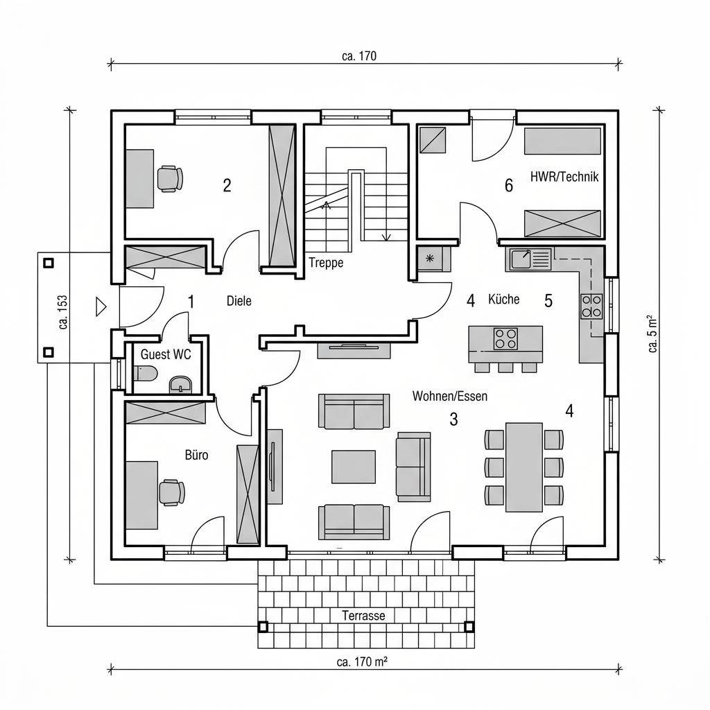 Plattegrond Stadtvilla 170 van Hanse Haus — 170 m², 6 kamers