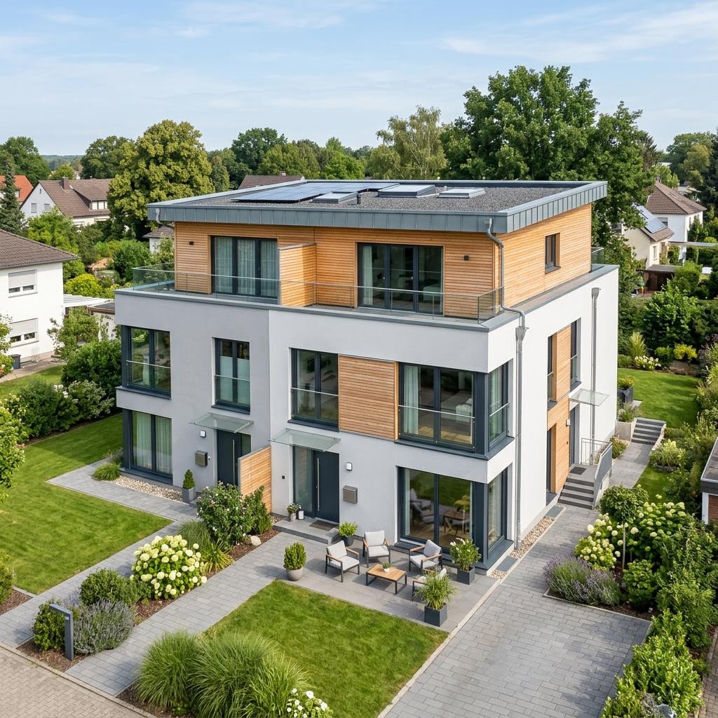 Tweegezinswoning Zweifamilienhaus Variant 235 van Hanse Haus met plat dak — prefab woning van 235 m²