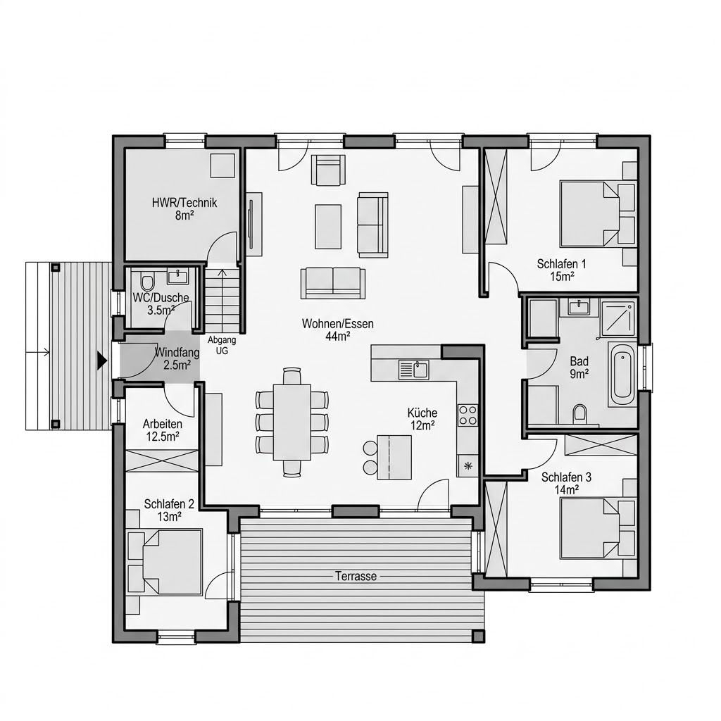 Plattegrond Nyborg van Fjorborg Holzhäuser — 154 m², 5 kamers