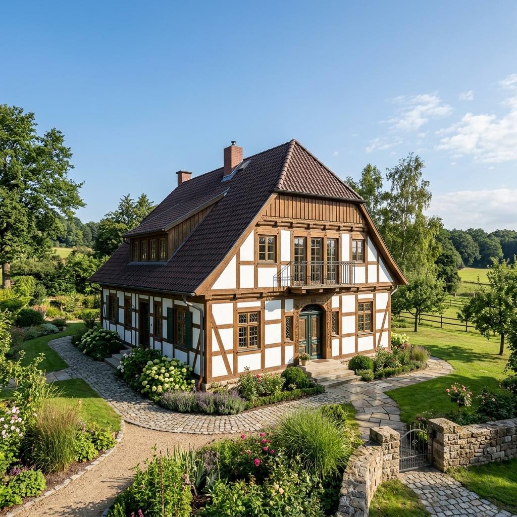 Vakwerkhuis Fachwerk-Landhaus van Fuhrberger Fachwerkhaus met zadeldak — prefab woning van 140 m²