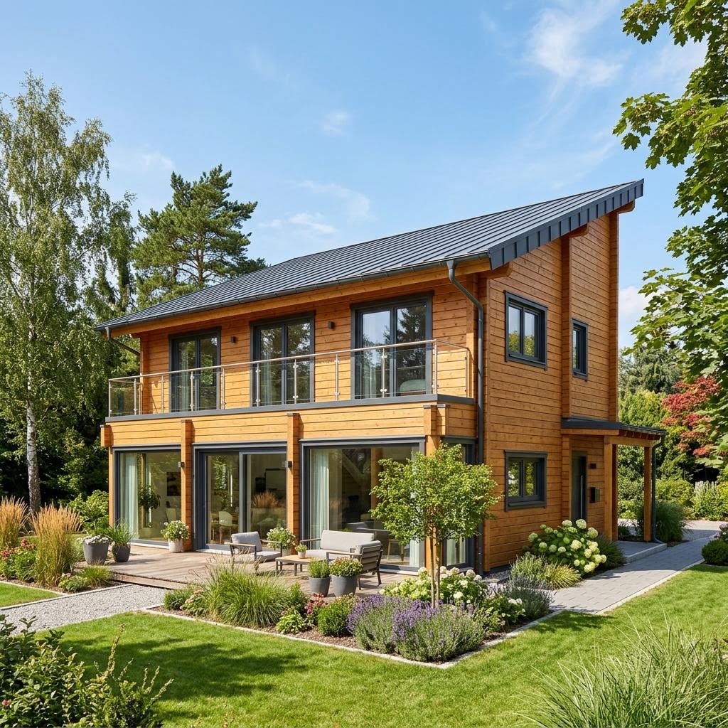 Blokhut Blockhaus Cubus 130 van LéonWood met lessenaarsdak — prefab woning van 127 m²