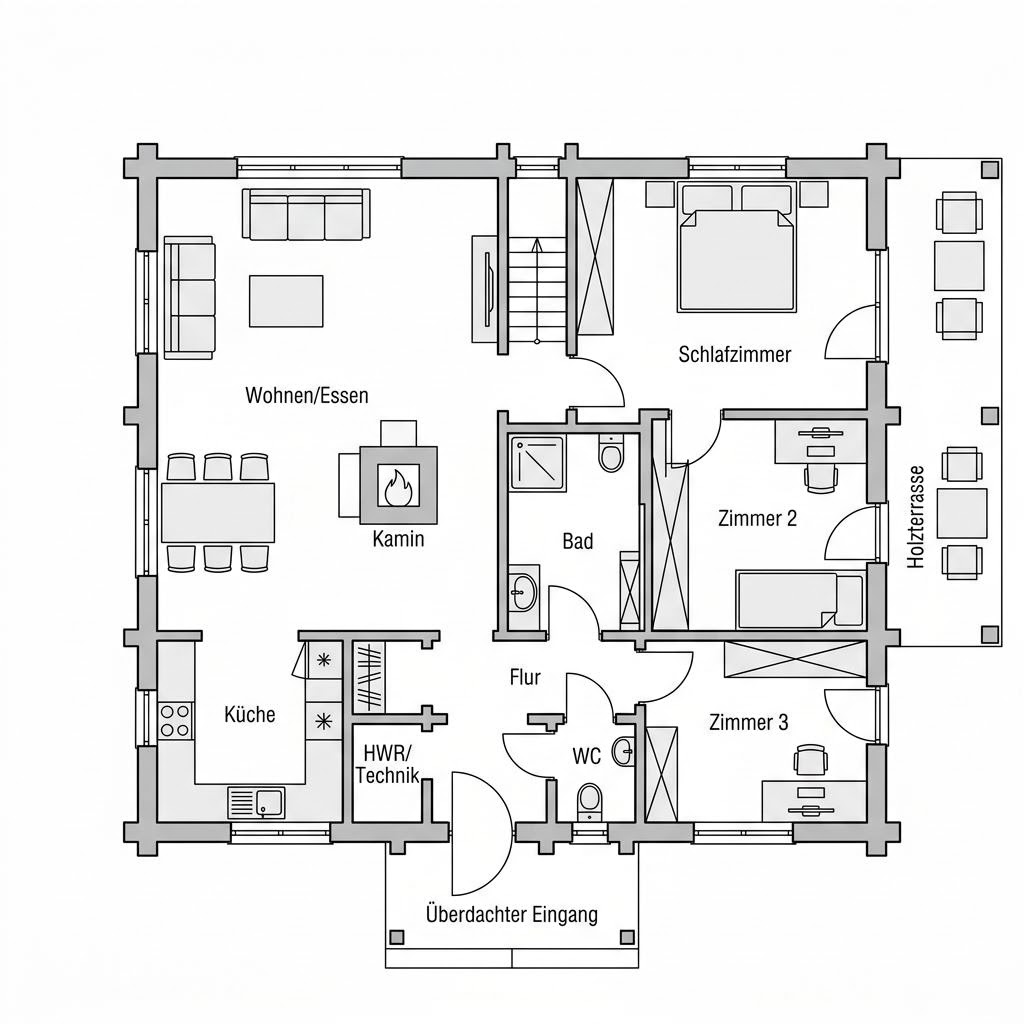 Plattegrond Blockhaus Cubus 130 van LéonWood — 127 m², 4 kamers