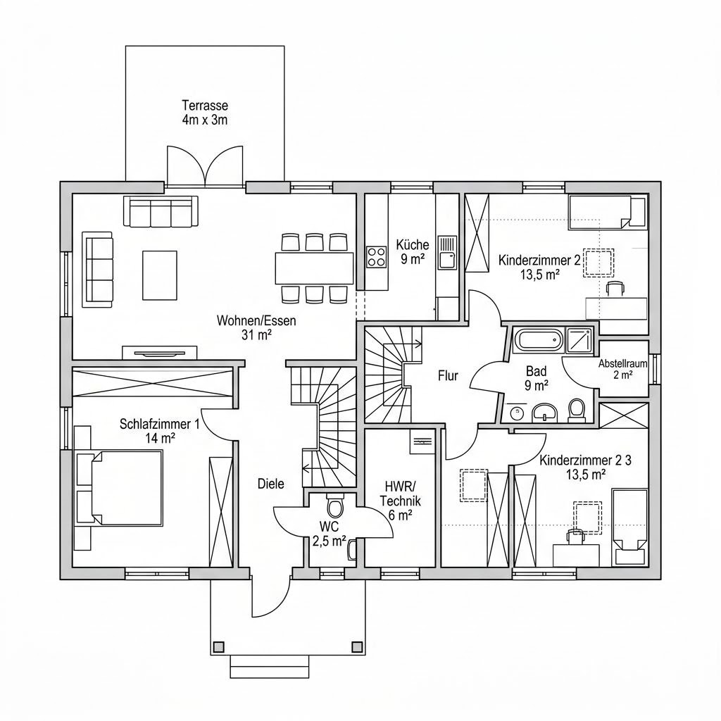 Plattegrond SH 124 Variante A van ScanHaus Marlow — 124 m², 4 kamers