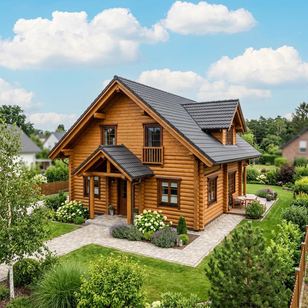 Blokhut Blockhaus Aurora 132 van Honka Blockhaus met zadeldak — prefab woning van 132 m²