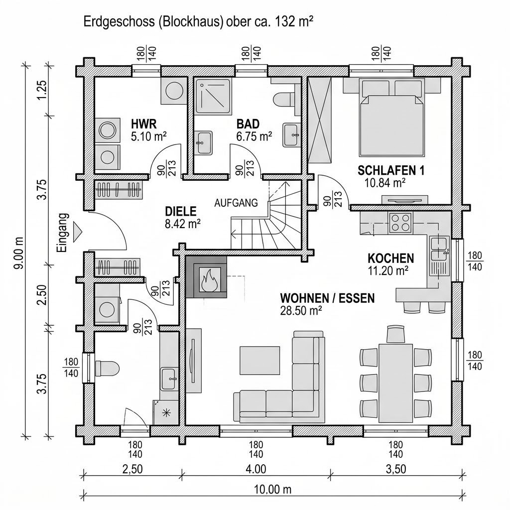 Plattegrond Blockhaus Aurora 132 van Honka Blockhaus — 132 m², 5 kamers