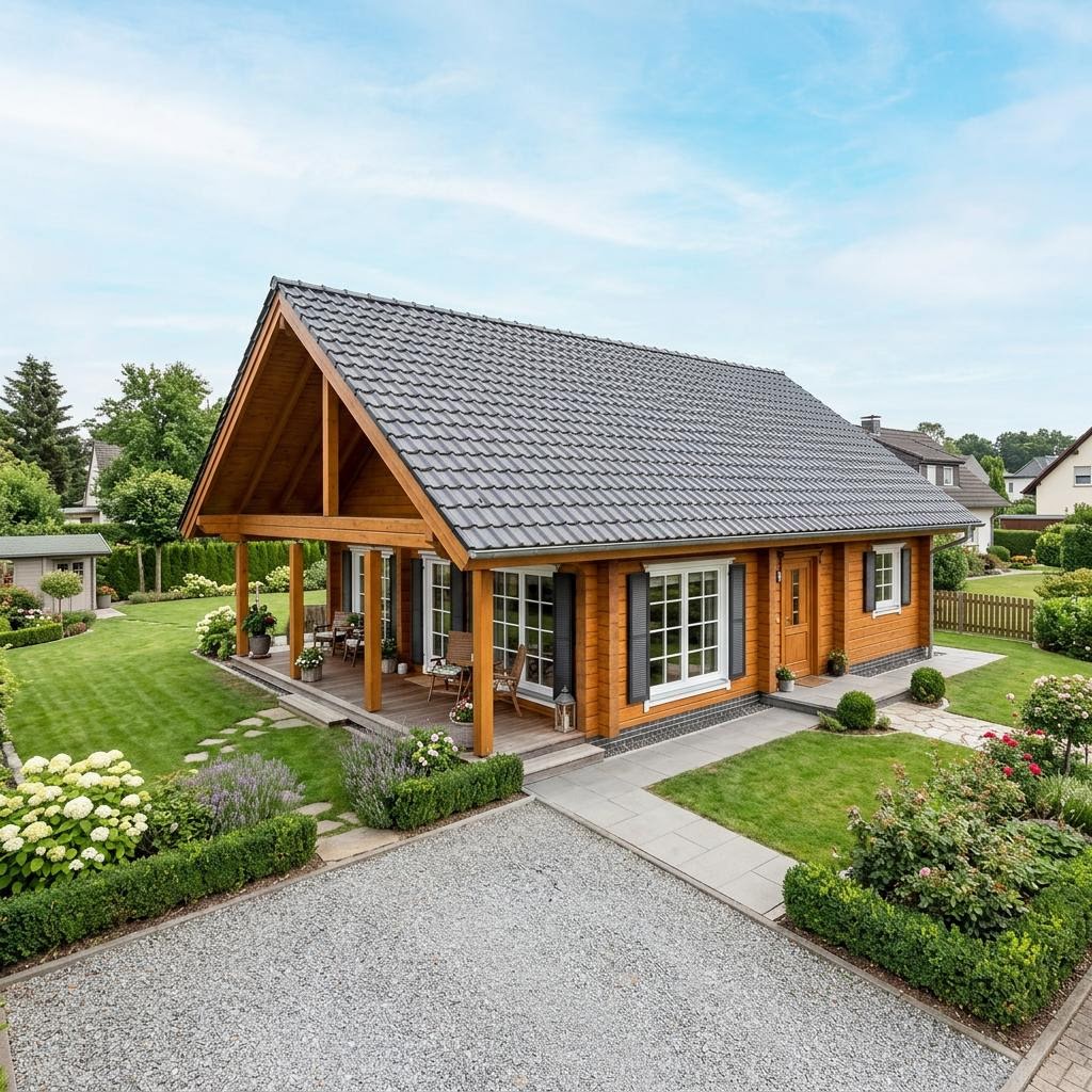Blokhut Blockhaus Kuusamo 112 van Honka Blockhaus met aanslepend dakschild — prefab woning van 112 m²
