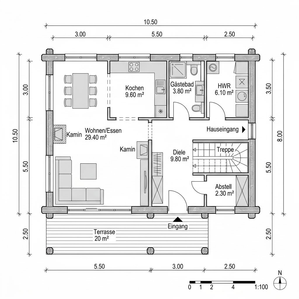 Plattegrond Blockhaus Lappi 126 van Honka Blockhaus — 126 m², 5 kamers