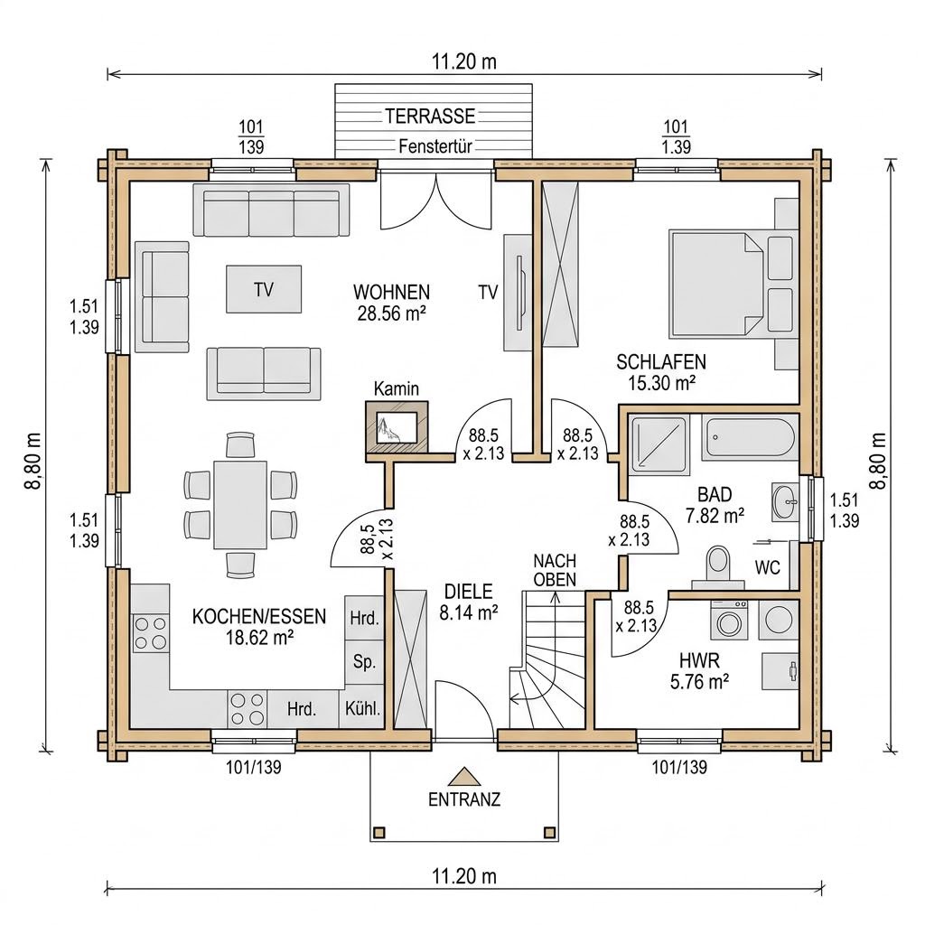 Plattegrond Blockhaus Saimaa 126 van Honka Blockhaus — 126 m², 4 kamers