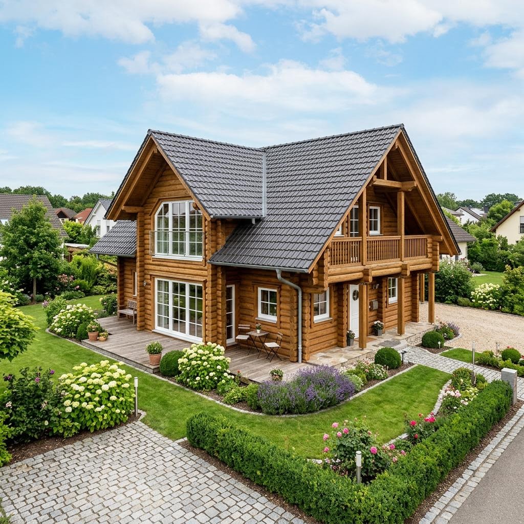 Blokhut Blockhaus Saimaa 154 van Honka Blockhaus met zadeldak — prefab woning van 154 m²