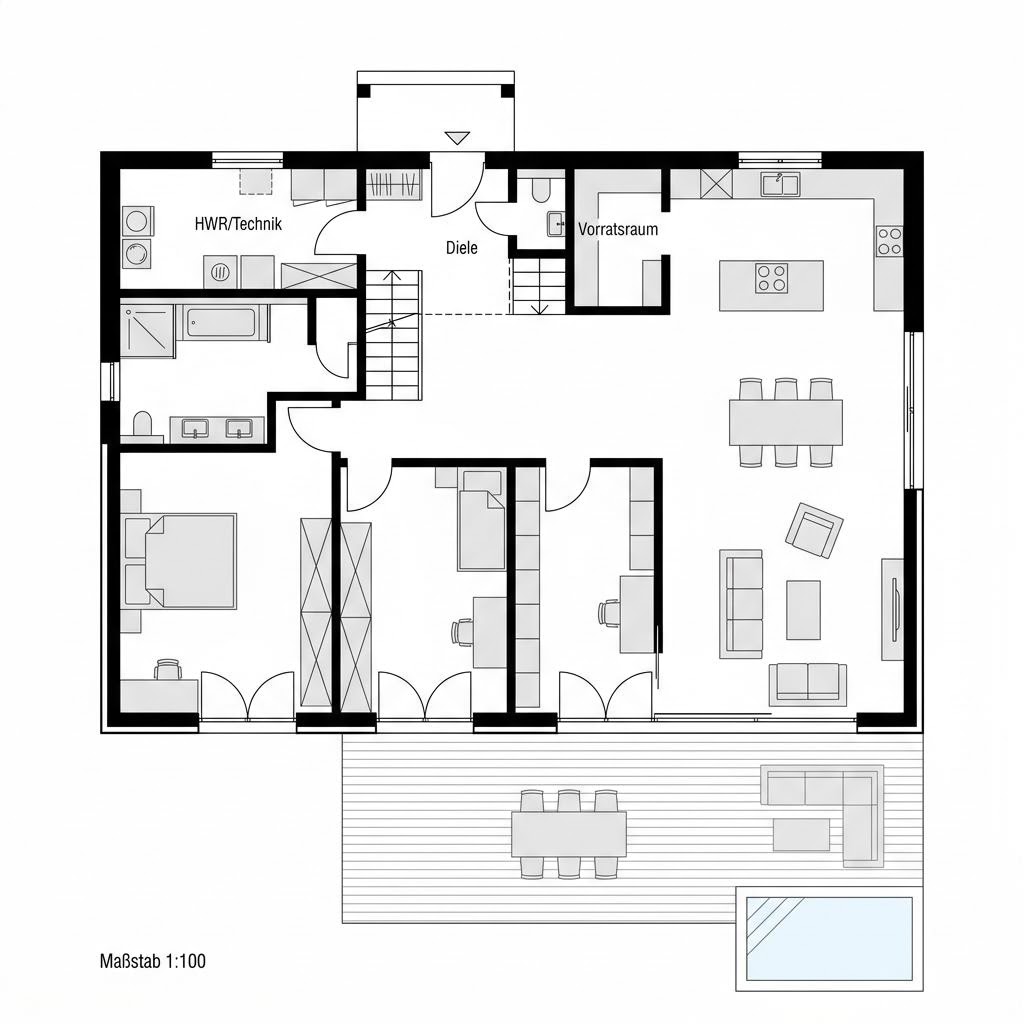 Plattegrond ART Flachdach 190 van HUF HAUS — 190 m², 5 kamers