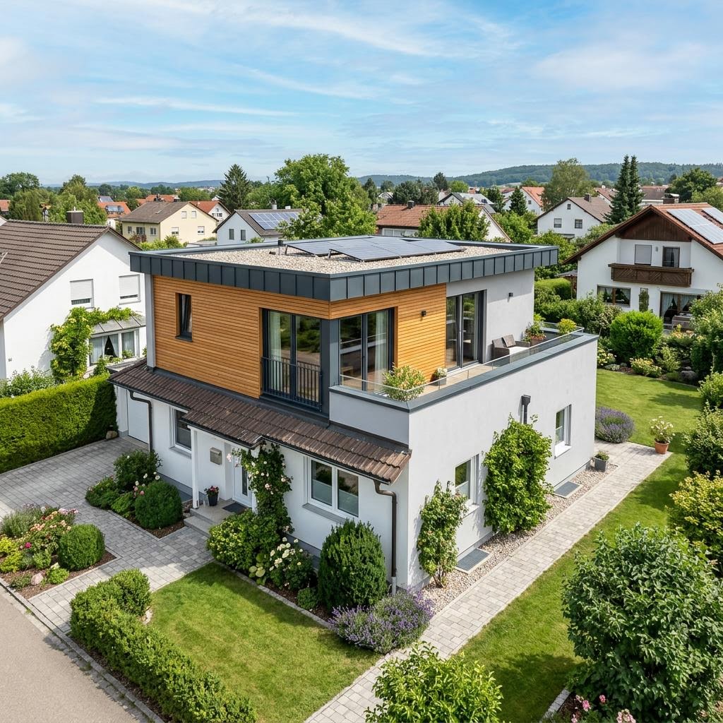 Aan- of opbouw Aufstockung Modul 50 van KAMPA met plat dak — prefab woning van 50 m²