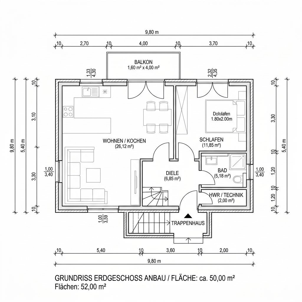 Plattegrond Aufstockung Modul 50 van KAMPA — 50 m², 2 kamers