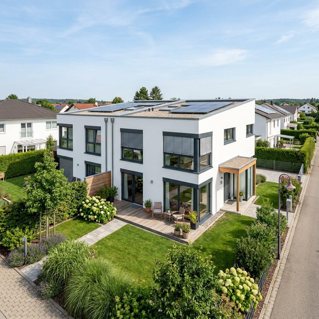 Twee-onder-een-kapwoning Doppelhaus Zero 138 van KAMPA met plat dak — prefab woning van 138 m²