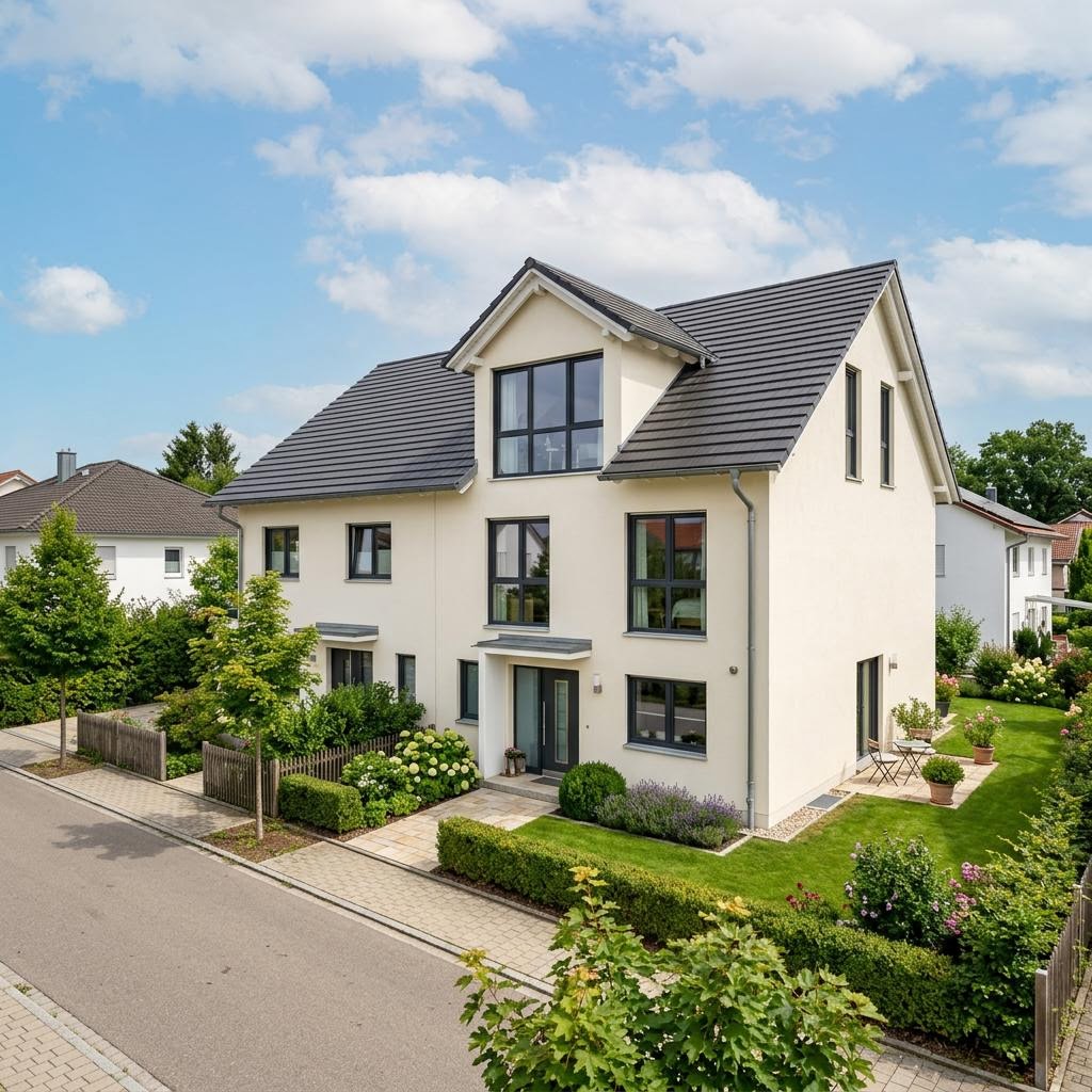 Twee-onder-een-kapwoning Doppelhaus Twin 118 van Kern-Haus met dwerggevel met dakkapel — prefab woning van 118 m²