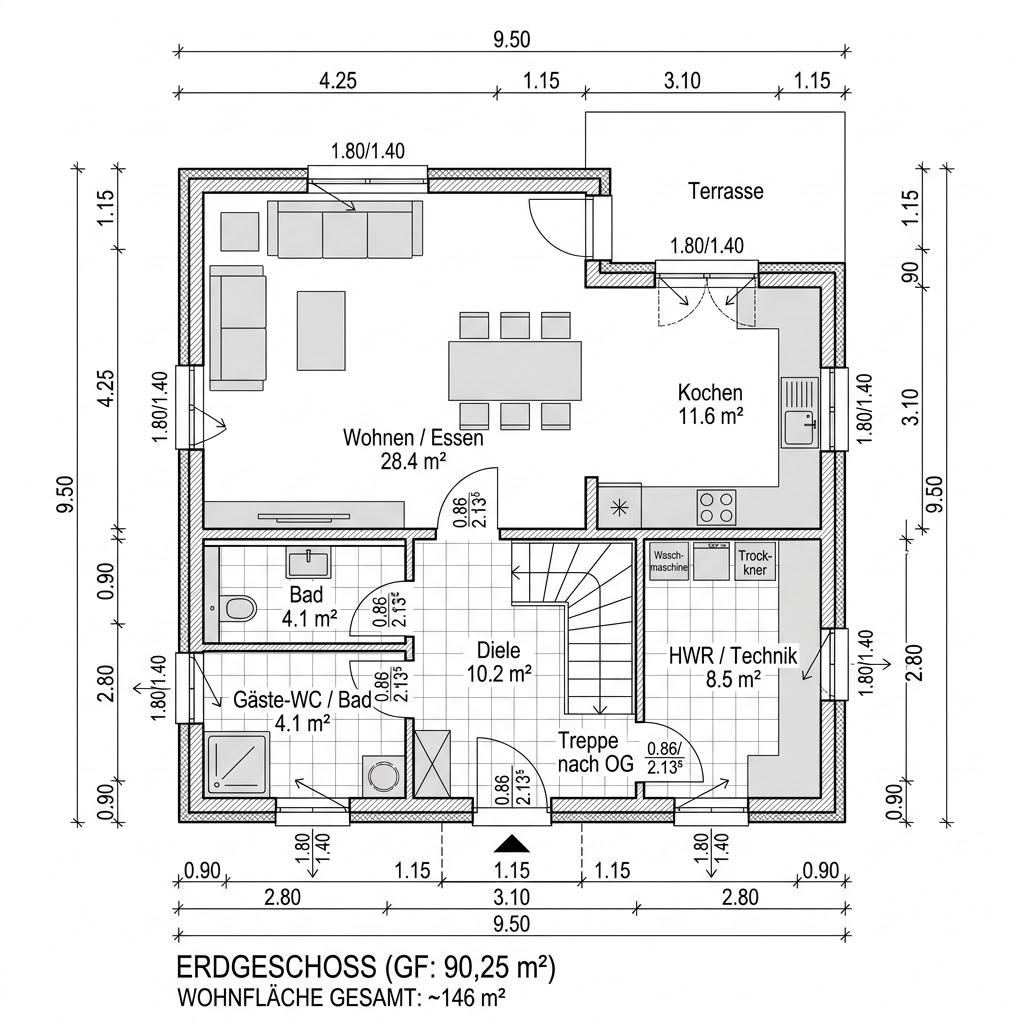 Plattegrond Kubushaus Signum 146 van Kern-Haus — 146 m², 4 kamers