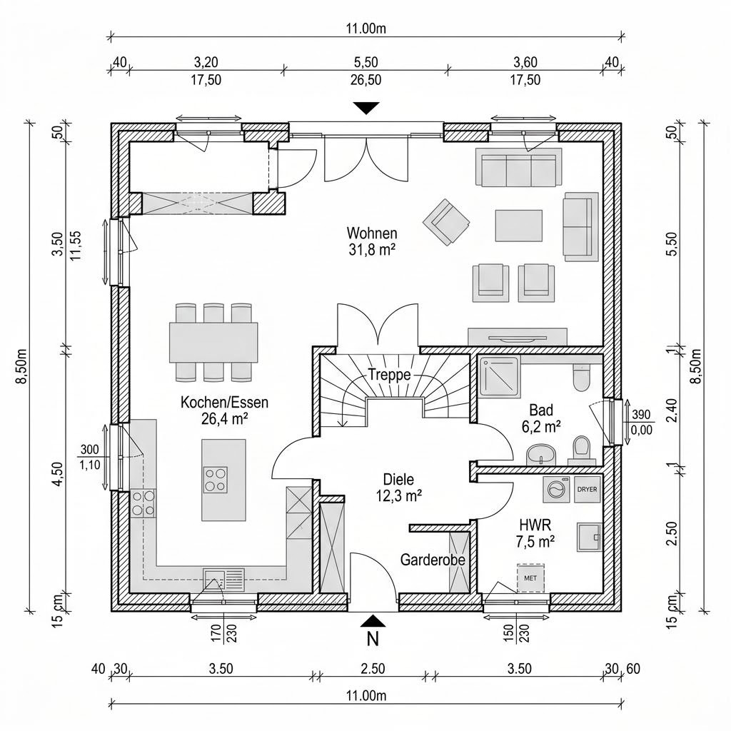 Plattegrond Familienvilla Zwerch 152 van LEHNER HAUS — 152 m², 5 kamers