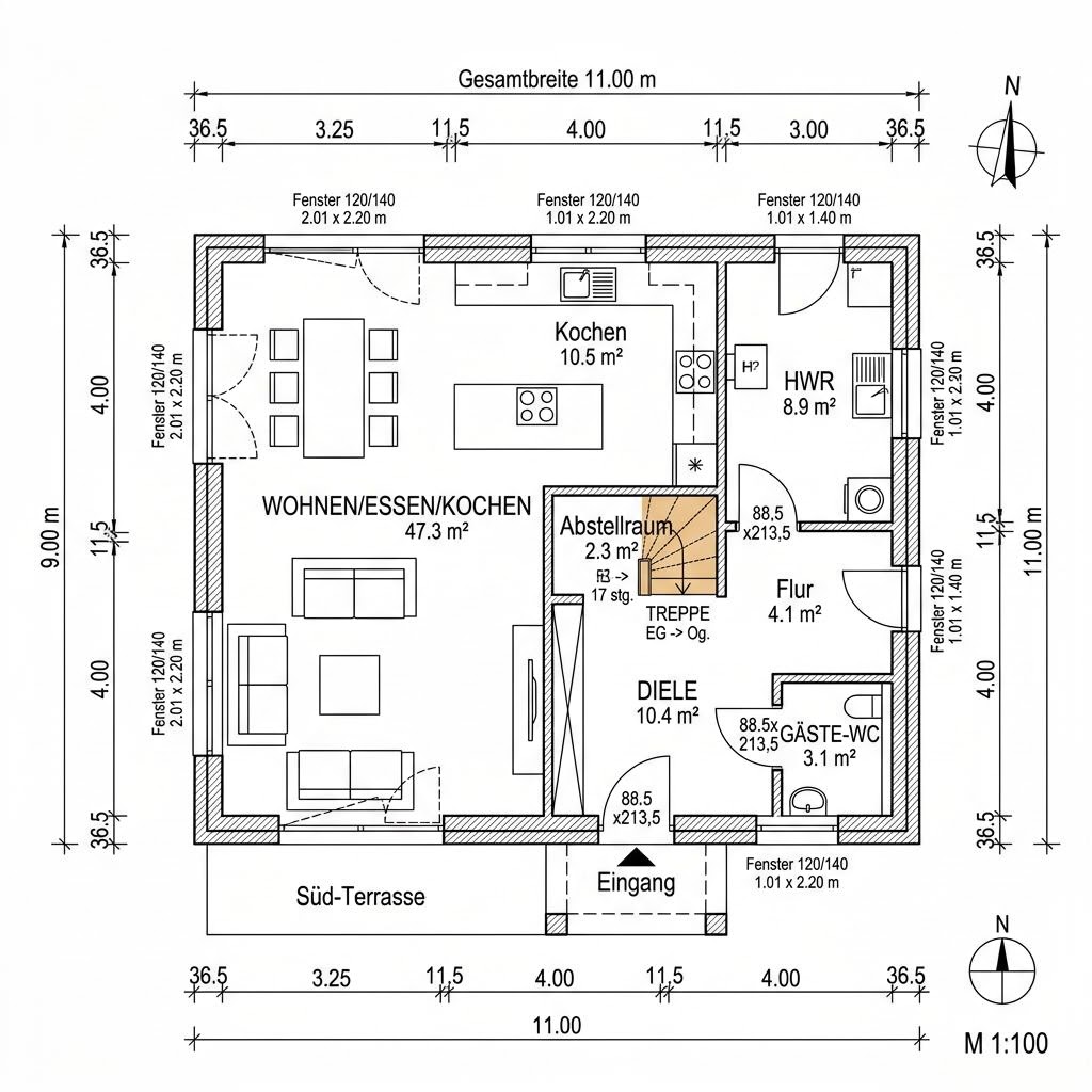 Plattegrond Kubushaus Modern 154 van LEHNER HAUS — 154 m², 5 kamers