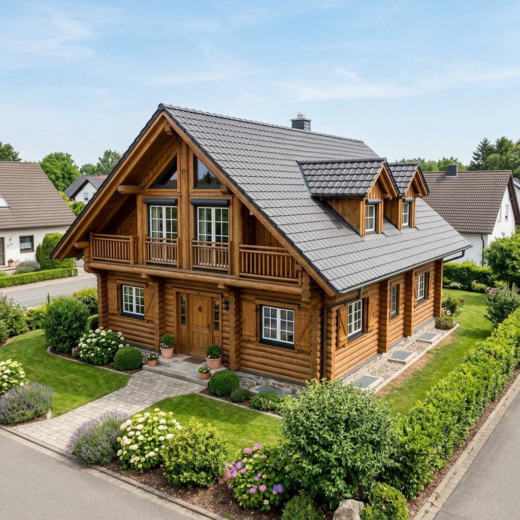 Holzhaus Blockhaus Alaska 146 van Léonwood Holz-Blockhaus met zadeldak — prefab woning van 146 m²