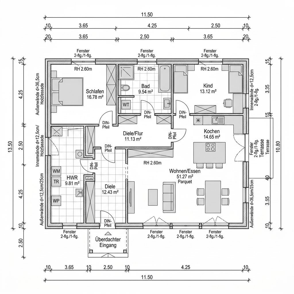 Plattegrond Blockhaus Alaska 146 van Léonwood Holz-Blockhaus — 146 m², 5 kamers