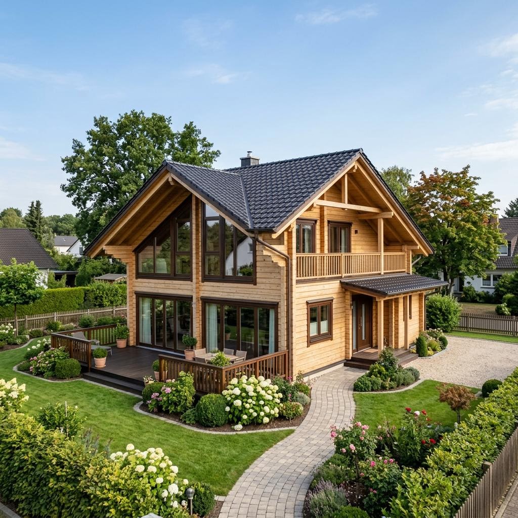 Blokhut Blockhaus Birka 146 van Léonwood Holz-Blockhaus met zadeldak — prefab woning van 146 m²