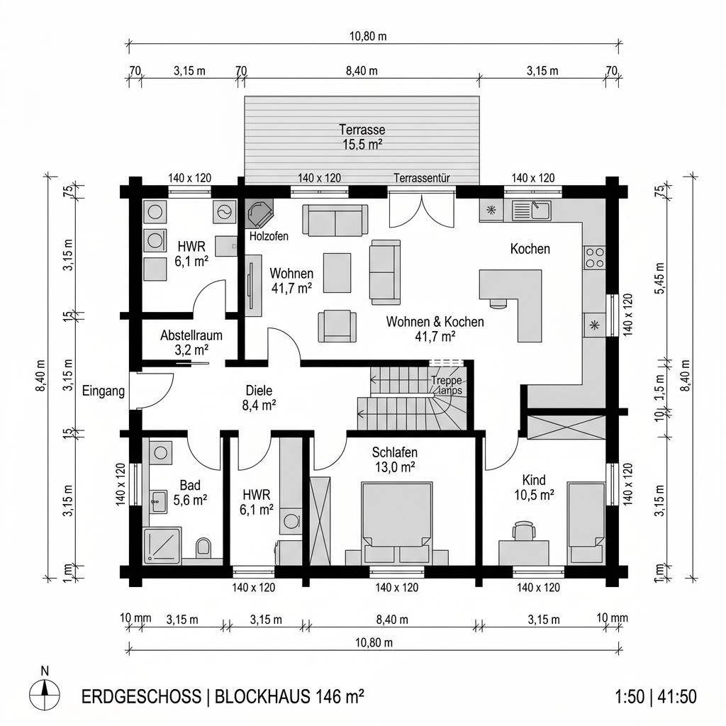 Plattegrond Blockhaus Birka 146 van Léonwood Holz-Blockhaus — 146 m², 5 kamers