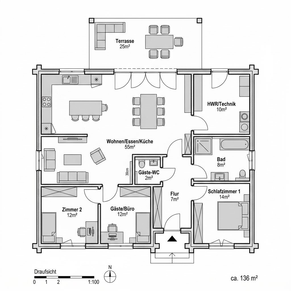 Plattegrond Country 136 van LéonWood — 136 m², 5 kamers
