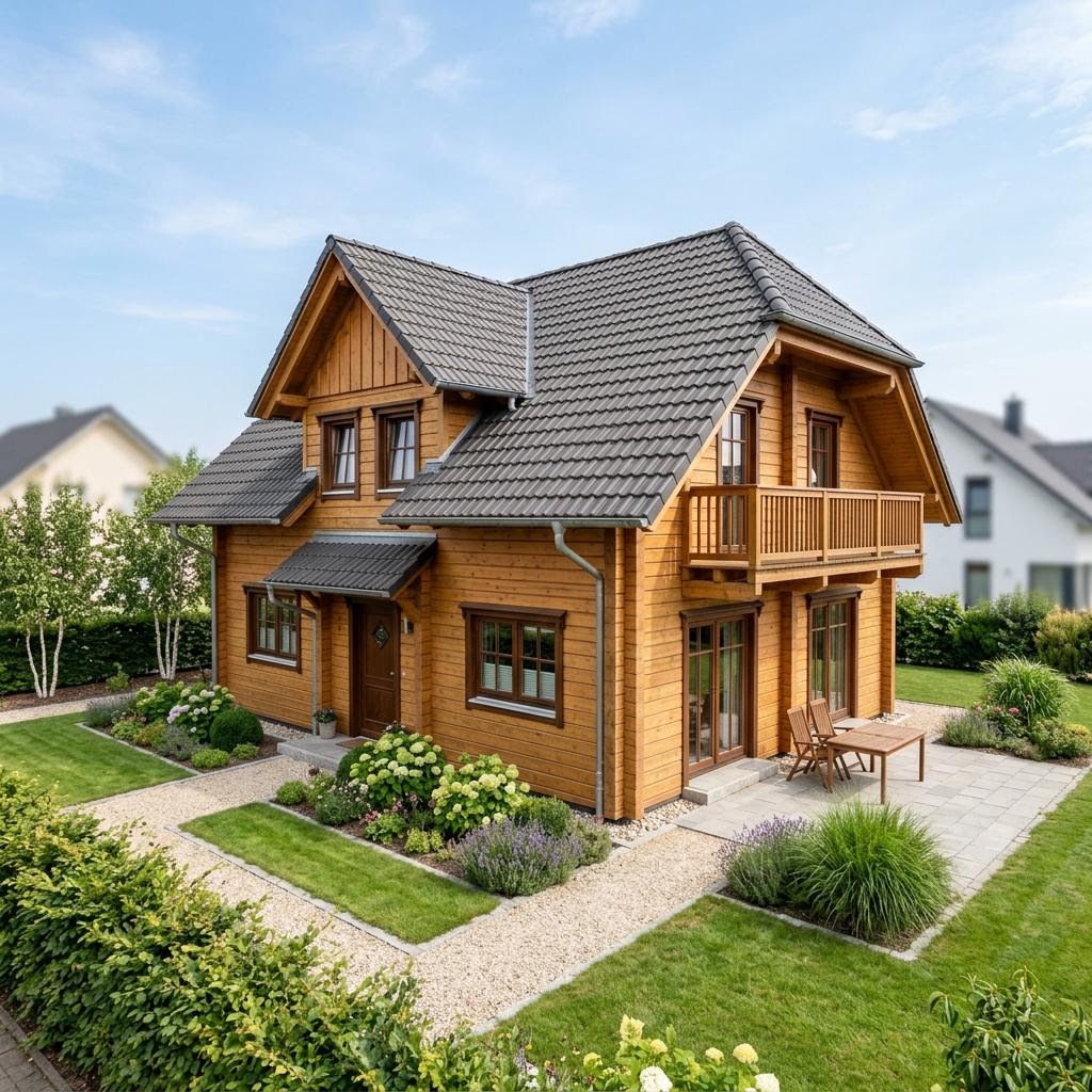 Blokhut Blockhaus Fjell 124 van Léonwood Holz-Blockhaus met wolfsdak — prefab woning van 124 m²