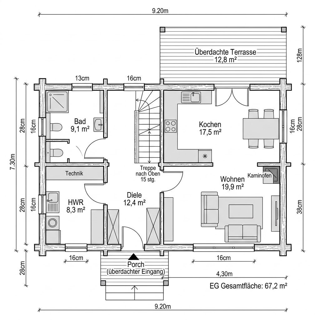 Plattegrond Blockhaus Fjell 124 van Léonwood Holz-Blockhaus — 124 m², 5 kamers